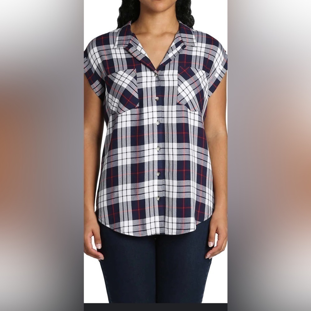 Jachs Girlfriend Women Size Small Cap Sleeve  Plaid Shirt Tank Button Up Collard